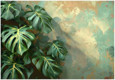 WALLARENA - Fotobehang - 150x105 cm - Fototapete met groene monstera bladeren en betonlook voor slaapkamer en woonkamer