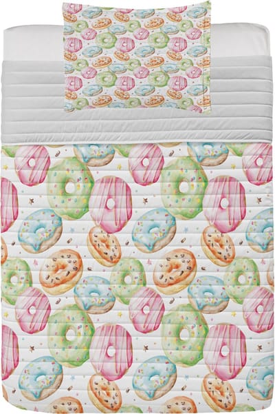 ABAKUHAUS kleurrijke microvezel dekspreiset, donutthema handgetekend, zacht beddengoed met kussenslopen en quilt, 170 cm x 220 cm, lichtroze groen