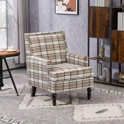 KOMHTOM S001, gestoffeerde bijzetstoel, vintage fauteuil met bruine linnen bekleding en decoratieve versiering voor de woonkamer