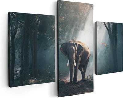 Artaza Canvas Schilderij Drieluik Olifant In Het Bos Met Zonneschijn - 90x60 - Foto Op Canvas - Canvas Print
