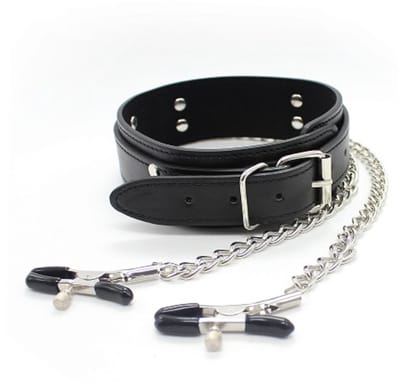 Intiem Cadeau - BDSM - Lederen halsband met tepelklemmen - Bondage Ketting - Harnas