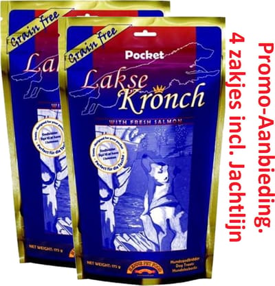 Abany Special 4 zakjes 175 gram incl. jachtlijn t.w.v. 12,50 - altijd verse voorraad - Henne Lakse Kronch - Pocket - 75% zalm - graan vrij - zalmsnacks - beloning training- koekjes – graanvrij – puppy beloning