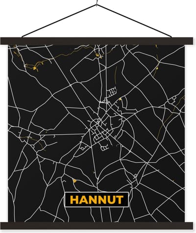 Posterhanger incl. Poster 60x60 cm - Schoolplaat - Hannut - Stadskaart - Plattegrond - Goud - Kaart - Textielposter - Zwarte latten - Stadskaart