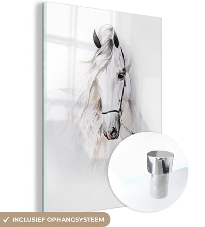 MuchoWow® Glasschilderij 120x160 cm - Schilderij acrylglas - Paard - Waterverf - Dieren - Wit - Foto op glas - Schilderijen