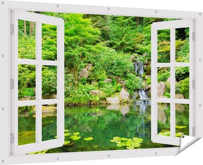 Gards Tuinposter Doorkijk Panorama van Japanse Tuin - 180x120 cm - Tuindoek - Tuindecoratie - Wanddecoratie buiten - Tuinschilderij