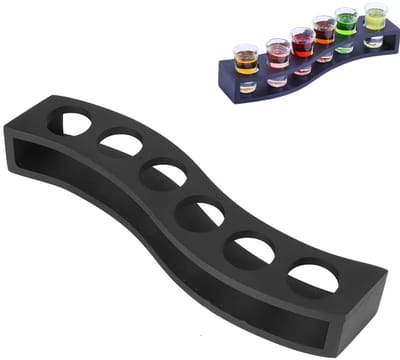 Dailygoods- Cocktailhouder Houten - Drank Serveerschaal - Shot Glazen Houder - 6 Gaten - Zwart - Compact Ontwerp - Serveerplank