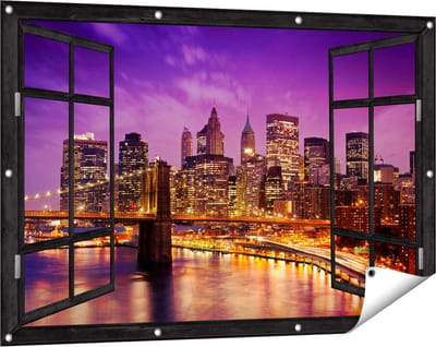 Gards Tuinposter Doorkijk Skyline New York van Centrum in het Paars - 120x80 cm - Tuindoek - Tuindecoratie - Wanddecoratie buiten - Tuinschilderij