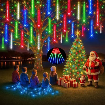 MUPOO Kerstverlichting Meteorenregen Lichtsnoer voor buiten- 30cm 192 LEDS Veelkleurig - Vallende Sterren Effect-360° Buitenverlichting -Energiebesparing en milieubescherming- Perfect voor Gevelverlichting en Feestdecors