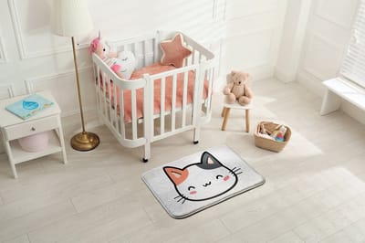Coloray Vloerkleed voor Kinderkamer - Oranje Vloer Tapijt - Cartoon Kitten Vloerkleed Voor Slaapkamer - Grijs Accenten Tapijt Voor Woonkamer - Polyester Klein Vloerkleed - 90x60 cm
