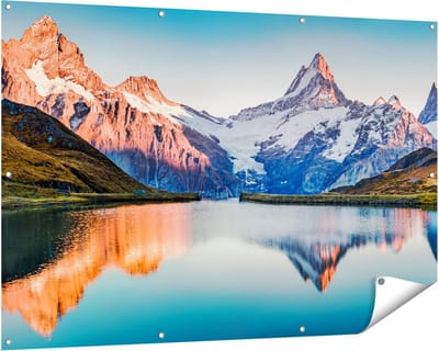 Gards Tuinposter Bergen Landschap bij het Meer - 150x100 cm - Tuindoek - Tuindecoratie - Wanddecoratie buiten - Tuinschilderij