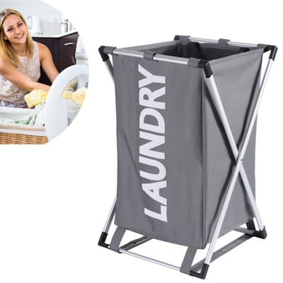 Wasmand Laundry met afsluitbaar vak - 30 L - Wasmanden 1 vak - Badkamer - Opvouwbaar - Waszak - Wasmand 1 vak - Grijs