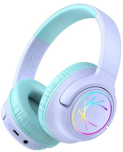 StayPowered Koptelefoon voor Kinderen - de Ultieme Kinderhoofdtelefoon met 43 Uur Speeltijd en Veilige Volumebegrenzing - Ingebouwde Verlichting - Opvouwbaar Ontwerp - USB C - Bedraad/Bluetooth - Paars - Levering Sneller dan Aangegeven!