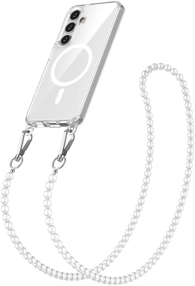 Geschikt voor Samsung Galaxy S24 / S25 Hoesje Met Afneembare Koord - Solidenz Collection - Backcover Met Ketting S24 / S25 - Geschikt voor MagSafe Met Parel Koord - Transparant