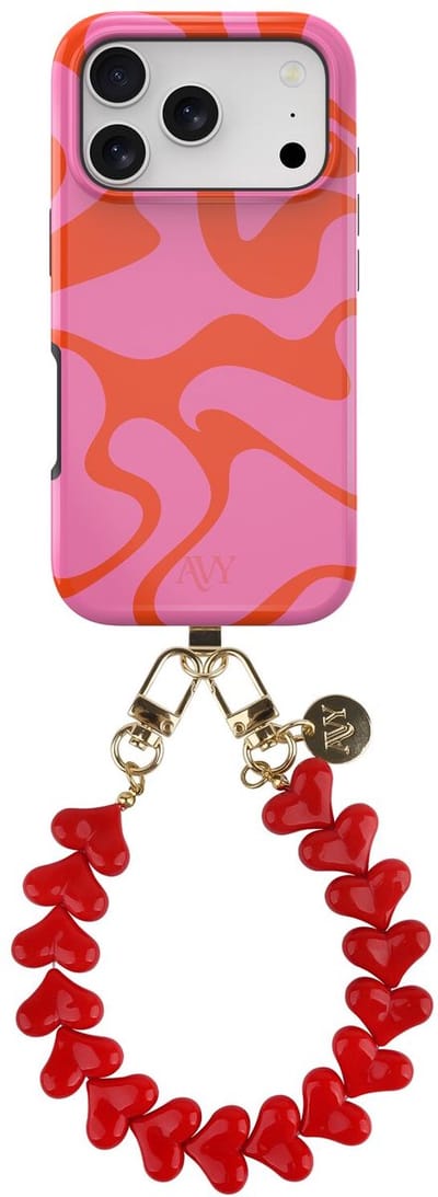 AVY Hoesje Met Telefoonkoord | Geschikt voor Apple iPhone 17 Pro Max | Compatibel met MagSafe | Hard Shell Back Cover | Stijlvol Bijpassend Koord 30CM | Rose Hearts | Roze