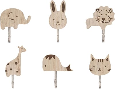 Set van 6 schattige dierenhaken, zelfklevende houten haken voor kinderkamer, creatieve wanddecoratie en opberghaken.
