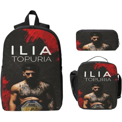3 Stuks Ilia Topuria Worstelen Worstelaar Rugzak Set voor Kinderen Etui Sets Schooltas Sets met Lunchbox Voor School Rugzak black