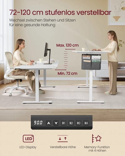Amalee - Zit en sta bureau - 80 x 180 cm - Elektrische bureau - Verstelbaar tussen 72 en 120 cm - 4 hoogtes - draagvermogen 70 kg - Inclusief organizer -