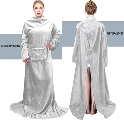 CALIYO Fleece Deken - Flanellen Deken - Blanket met Mouwen en Capuchon – Dames & Heren - Sherpa Fleece – TV Deken - Bank Deken - 170x200 cm - Lichtgrijs