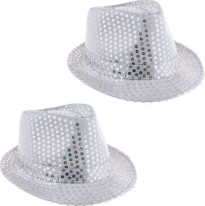 Funny Fashion Trilby hoedje - 2x - zilver - glitter - pailletten - polyester - heren/dames - Carnaval - glitterhoed