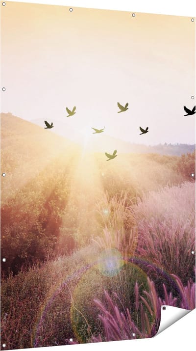Gards Tuinposter Silhouet Zwerm Vogels bij Zonsondergang - 120x180 cm - Tuindoek - Tuindecoratie - Wanddecoratie buiten - Tuinschilderij