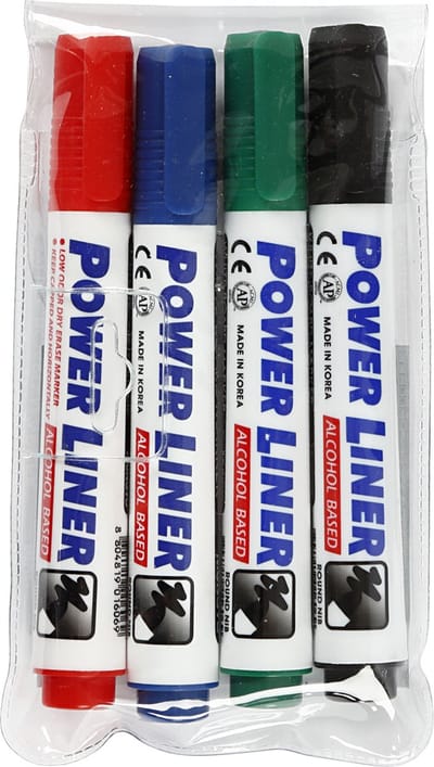 Whiteboard stiften, lijndikte 4 mm, zwart, blauw, groen, rood, 4 stuk