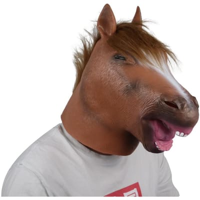 Lachend paardenhoofd masker, parodie latex masker Adult size bruin