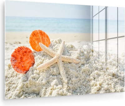 MuchoWow® Glasschilderij 60x40 cm - Schilderij acrylglas - Schelpen - Zeester - Zand - Foto op glas - Muurdecoratie woonkamer - Wanddecoratie slaapkamer - Schilderijen
