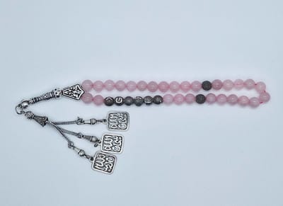Handgemaakte naam tasbih 33 Kralen Natuursteen “Roze kwartz” - met metaal tassel “subhan allah"- Met je naam of de naam van uw geliefde- 8 mm diameter van de korrel