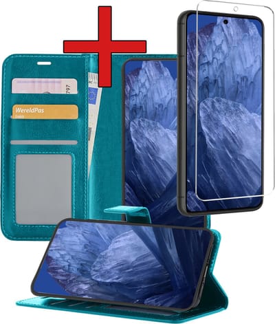 Hoesje - Met Screenprotector - Geschikt voor Google Pixel 8a - Luxe Pasjeshouder - Flipcase - Bookcase Portemonee - Flip Case - Kunstleer Book Case - Book Cover - Walletcase - Portemonneehoes - Telefoonhoes - Turquoise