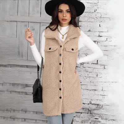 Automne et Hiver Femmes Revers Sans Manches Ample Mi-long Cardigan en Peluche Gilet Veste L abricot