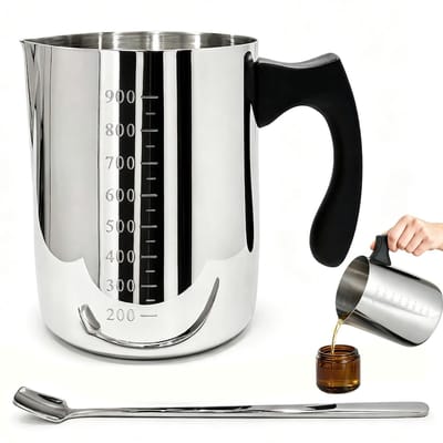 Smeltpot voor kaarswas, 900 ml, van roestvrij staal, met schaalverdeling, hittebestendige handgreep en lepel, ideaal voor het maken van kaarsen, zeep en doe-het-zelfprojecten