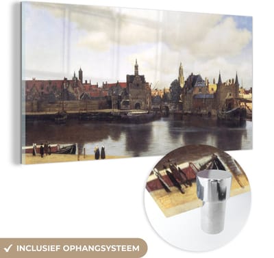 MuchoWow® Glasschilderij 40x20 cm - Schilderij acrylglas - View of Delft - Johannes Vermeer - Foto op glas - Schilderijen