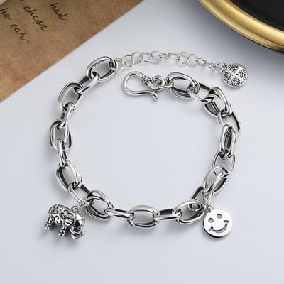 S925 Sterling Zilver Retro Olifant Smiley Design Armband Mode Wild Thais Zilveren Sieraden Vrouwen gray