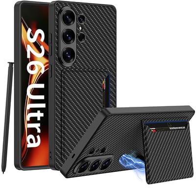 Casemania Hoesje Geschikt voor Samsung Galaxy S26 Ultra - Carbon - Kunstleren Back Cover met Pasjeshouder Staandaard