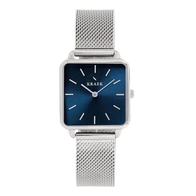 KRAEK Hailey Zilver Blauw 28 mm | Dames Horloge | Zilver mesh horlogebandje | Vierkant | Minimaal Design