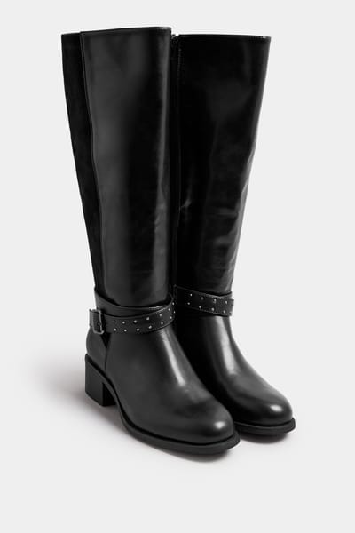 Yours Kniehoge Laarzen Met Gespdetail Met Studs In Een Extra Brede Pasvorm In Zwart Imitatieleersize 41EEE