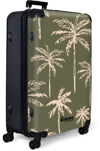 NoBoringSuitcases.com® - Koffer groot - Reiskoffer lichtgewicht - Groen met beige palmbomen print - Rolkoffer met 4 wielen - Grote trolley XL - 98 liter bagage