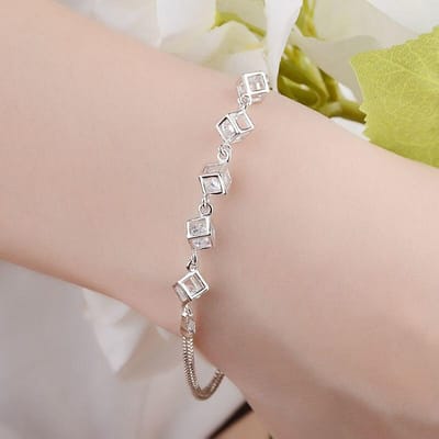 925 Sterling Zilver Geluksarmbanden Manchet Kubus Doos Mode Bedel Ketting Armband Vrouwen Dames Meisjes Sieraden Cadeau Zilveren Armbanden beige