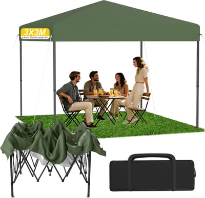 Froadp Groene 3x3 m pop-up partytent, inklapbare overkapping met snelle opzetfunctie (één druk op de knop), waterdicht & UV-bestendig, zonder zijpanelen, inclusief draagtas & grondpennen