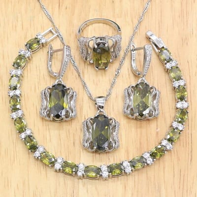 Groene Zirkonia Dubai Bruidssieradensets Voor Vrouwen Armband Oorbellen Ketting Hanger Ring Verjaardagscadeau 6 beige