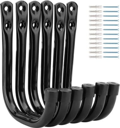 JHUBERS- Garagehaken Set van 6 - Robuuste Opslaghaken - Wandbeugel voor Tuingereedschap - Draagvermogen 20 kg - Antiroest Coating - 14 cm x 10.5 cm
