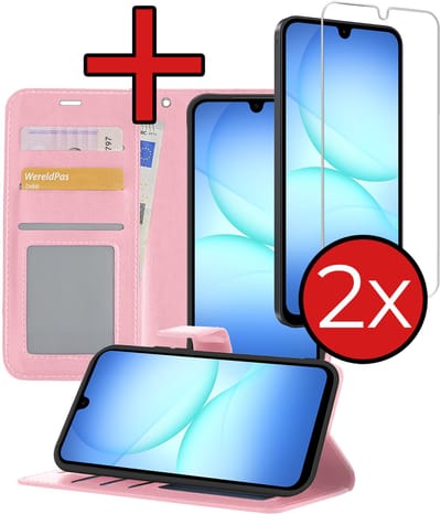 Hoesje - Met 2x Screenprotector - Geschikt voor Samsung Galaxy A17 - Luxe Pasjeshouder - Flip Case - Bookcase Portemonee - Kunstleer Book Case - Flipcase Hoes - Book Cover - Walletcase - Portemonneehoes - Telefoonhoes - Lichtroze