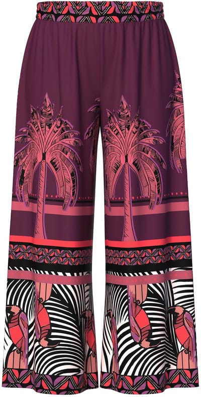 Ulla Popken - Dames - Wijde broek palmen wijde pijpen elastische tailleband - Purper - Maat 50+