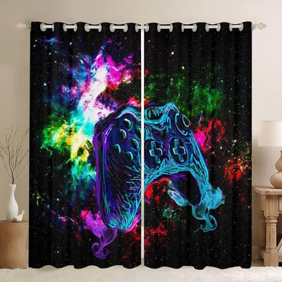 Gaming Gordijnen voor Jongens Gamekamer Decoratie, Gamer Gordijnen voor Tieners Voor Kinderen Sterrenuniversum Geruit Game Controller Print Raam gordijnen 100W130H(CM)40x51in&Grommet Top