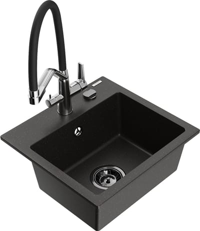 Mexen Milo granieten spoelbak 1-komerig met keukenmengkraan Duo, zwart/gouden metallic - 6505-75-671701-07-B