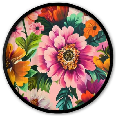 Poster in lijst Rond - Fotolijst 40x40 cm - Posters - Bloemen - Kleurrijk - Roze - Ronde posterlijst zwart - Decoratie - Wanddecoratie woonkamer - Muurdecoratie slaapkamer