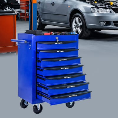 MIVRAY Gereedschapswagen - 7 Laden Met Slot En Wielen - Voor Garage En Werkplaats - Staal - 60x33x77,5 Cm - Zwart Blauw