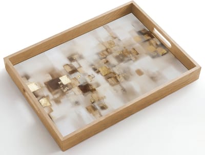 Dienblad hout 50x35 cm - Schootdienblad - Abstracte vierkanten - Aardetonen - Mistig - Borrelplank rechthoek - Plateau dienbladen