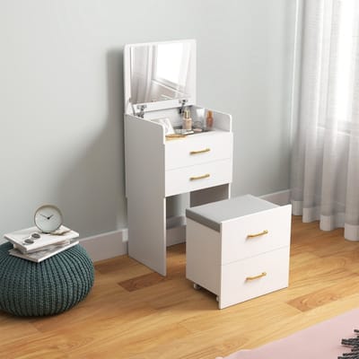 Wishdor - Kaptafel En Nachtkastje 3-In-1 - Met Spiegel En Rollende Kruk - Modern - Hout - Wit - 48 X 40 X 90 Cm