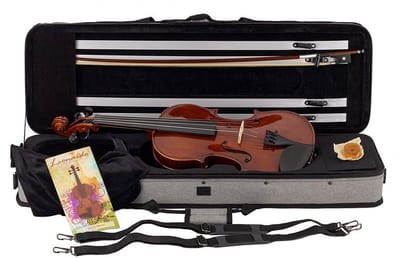 Leonardo LV-2034 viool set 3/4, massief, ebbenhouten fittings, Europees gevlamd esdoorn, incl. koffer en strijkstok